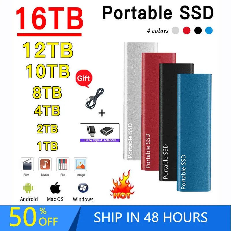 Mini disco rígido externo portátil USB  de alta velocidade do SSD Até 16TB